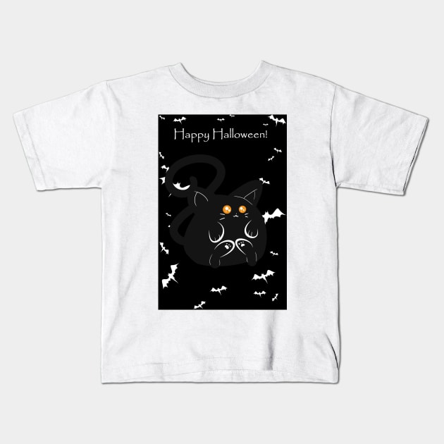 "Happy Halloween" Fat black Cat Kids T-Shirt by saradaboru